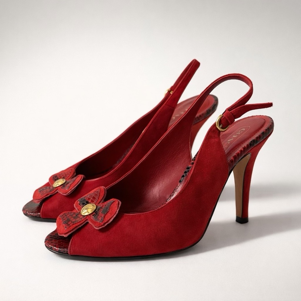 Coach Suede&Snakeskin Embossed Slingback Heels, Floral Accent, Red, 7, EUC